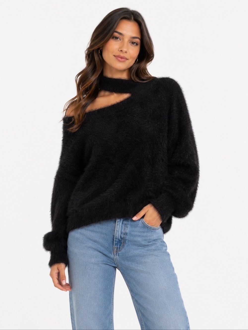 Lulu's Black Fuzzy Mock-Neck Sweater